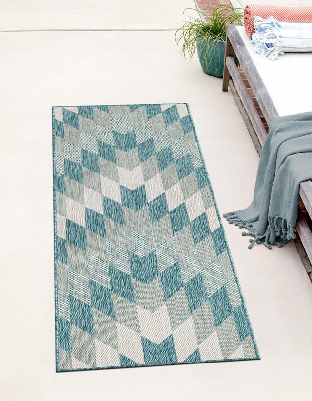 Aqua 2' x 6' 1 Outdoor Modern Runner Area Rug Weather Resistant for Patio, Deck, Terrace, Balcony, Porch 100% Polypropylene Modern Outside Carpet for Sale at Rug Engine