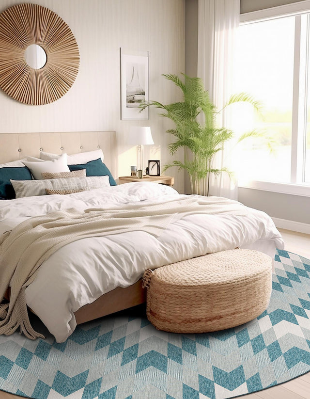 Aqua 10' x 10' Outdoor Modern Round Area Rug Weather Resistant for Patio, Deck, Terrace, Balcony, Porch 100% Polypropylene Modern Outside Carpet for Sale at Rug Engine