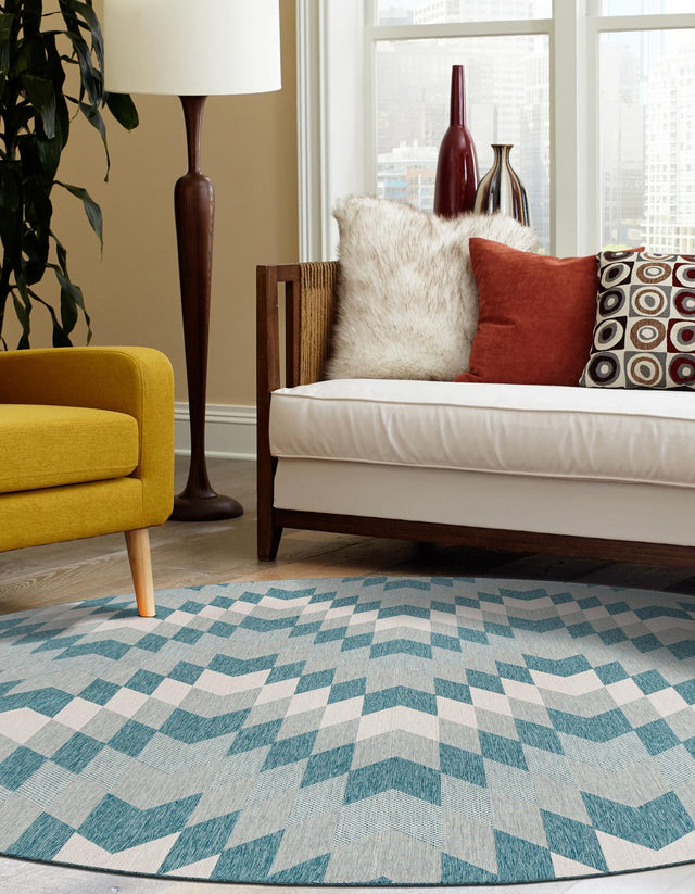 Aqua 10' x 10' Outdoor Modern Round Area Rug Weather Resistant for Patio, Deck, Terrace, Balcony, Porch 100% Polypropylene Modern Outside Carpet for Sale at Rug Engine