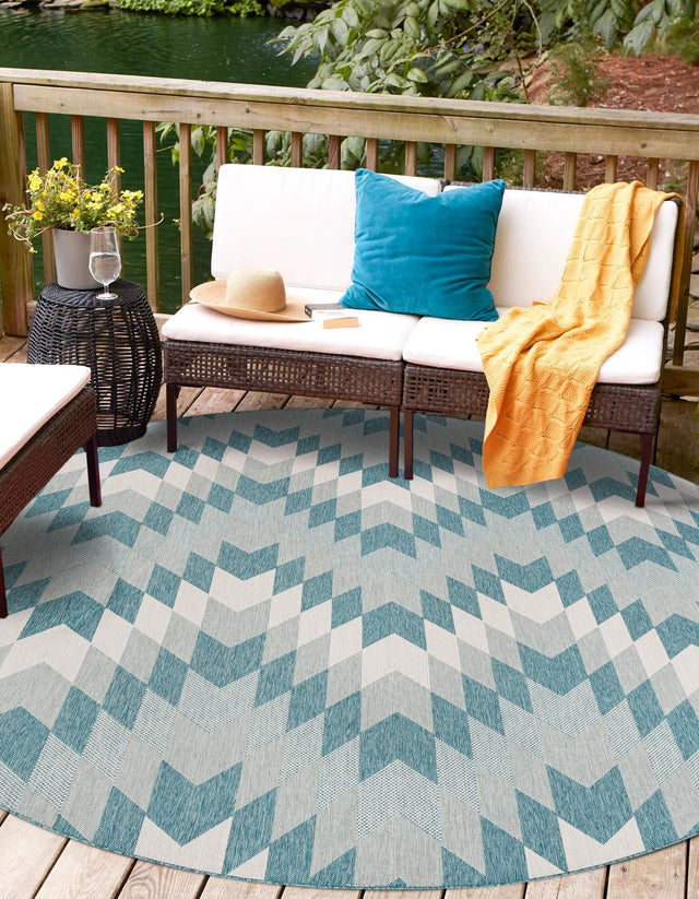 Aqua 6' 1 x 6' 1 Outdoor Modern Round Area Rug Weather Resistant for Patio, Deck, Terrace, Balcony, Porch 100% Polypropylene Modern Outside Carpet for Sale at Rug Engine