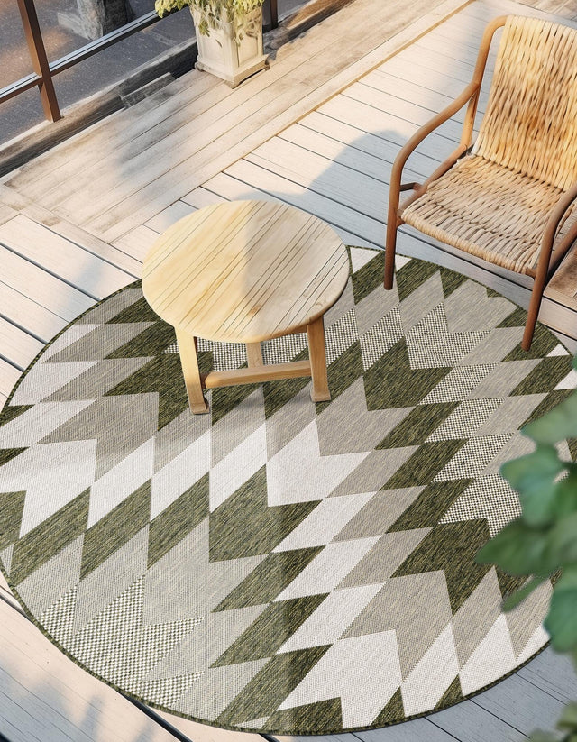 Green 6' 1 x 6' 1 Outdoor Modern Round Area Rug Weather Resistant for Patio, Deck, Terrace, Balcony, Porch 100% Polypropylene Modern Outside Carpet for Sale at Rug Engine