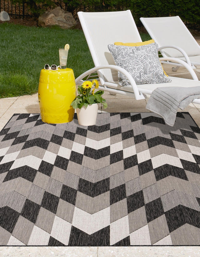 Black and White 5' 3 x 8' Outdoor Modern Rectangle Area Rug Weather Resistant for Patio, Deck, Terrace, Balcony, Porch 100% Polypropylene Modern Outside Carpet for Sale at Rug Engine