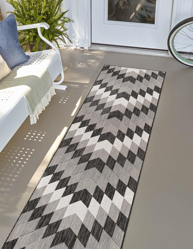 Black and White 2' x 8' Outdoor Modern Runner Area Rug Weather Resistant for Patio, Deck, Terrace, Balcony, Porch 100% Polypropylene Modern Outside Carpet for Sale at Rug Engine