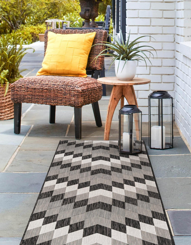 Black and White 2' x 8' Outdoor Modern Runner Area Rug Weather Resistant for Patio, Deck, Terrace, Balcony, Porch 100% Polypropylene Modern Outside Carpet for Sale at Rug Engine