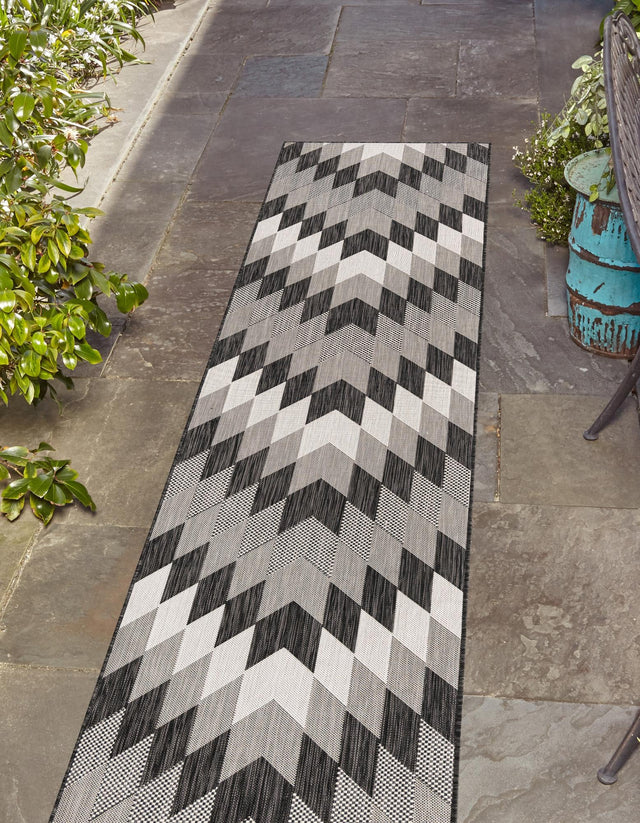 Black and White 2' x 5' 3 Outdoor Modern Runner Area Rug Weather Resistant for Patio, Deck, Terrace, Balcony, Porch 100% Polypropylene Modern Outside Carpet for Sale at Rug Engine
