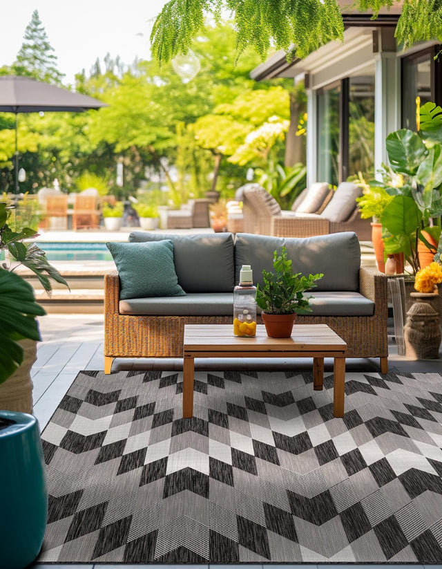 Black and White 10' x 10' Outdoor Modern Square Area Rug Weather Resistant for Patio, Deck, Terrace, Balcony, Porch 100% Polypropylene Modern Outside Carpet for Sale at Rug Engine