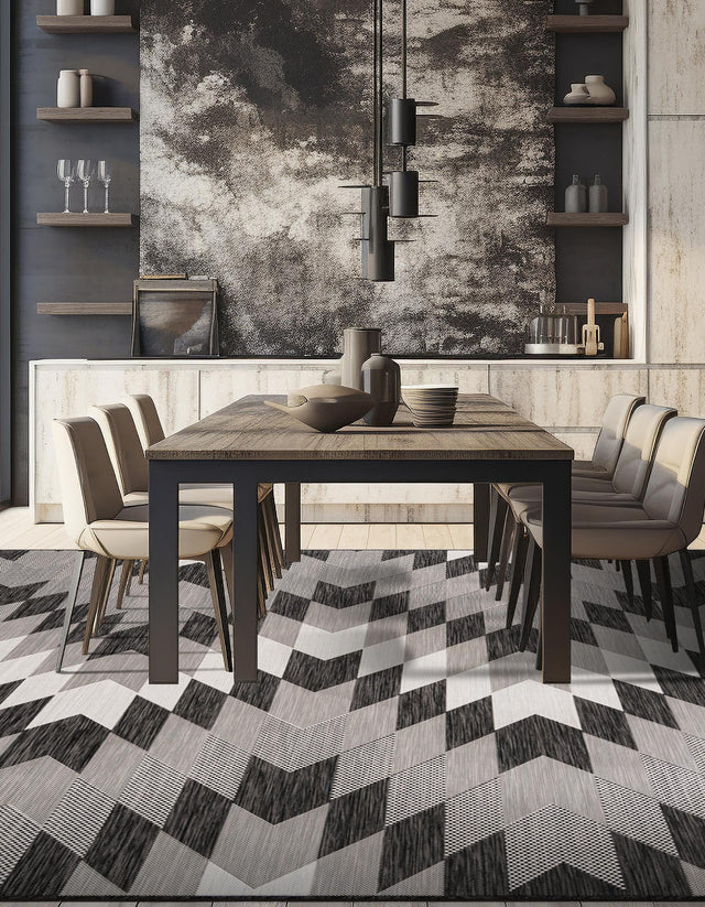 Black and White 12' x 12' Outdoor Modern Square Area Rug Weather Resistant for Patio, Deck, Terrace, Balcony, Porch 100% Polypropylene Modern Outside Carpet for Sale at Rug Engine