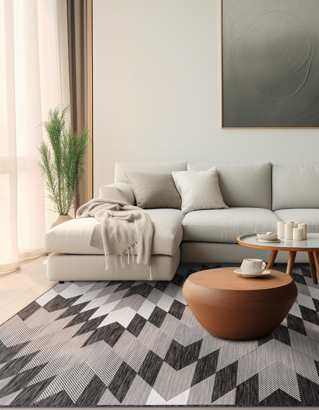 Black and White 12' x 12' Outdoor Modern Square Area Rug Weather Resistant for Patio, Deck, Terrace, Balcony, Porch 100% Polypropylene Modern Outside Carpet for Sale at Rug Engine