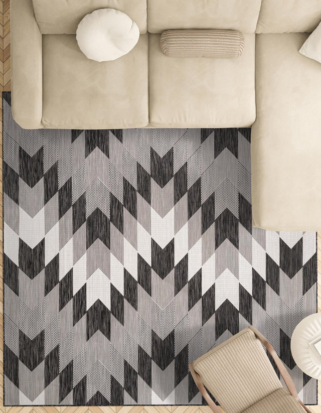 Black and White 12' x 12' Outdoor Modern Square Area Rug Weather Resistant for Patio, Deck, Terrace, Balcony, Porch 100% Polypropylene Modern Outside Carpet for Sale at Rug Engine