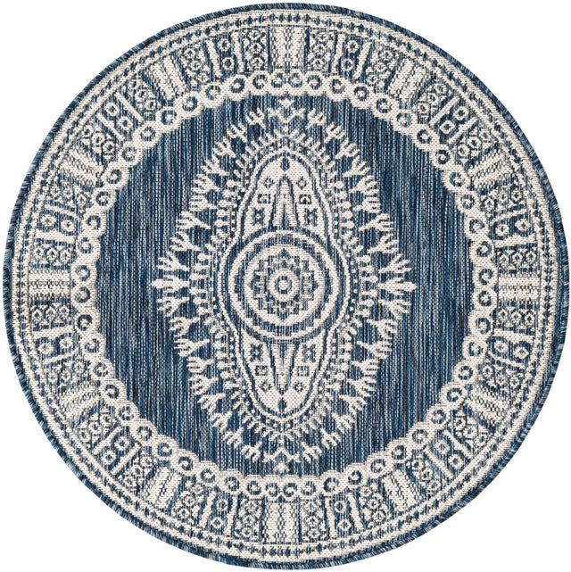 Blue 3' 1 x 3' 1 Outdoor Traditional Round Area Rug Weather Resistant for Patio, Deck, Terrace, Balcony, Porch Classical Design Outside Carpet for Sale at Rug Engine