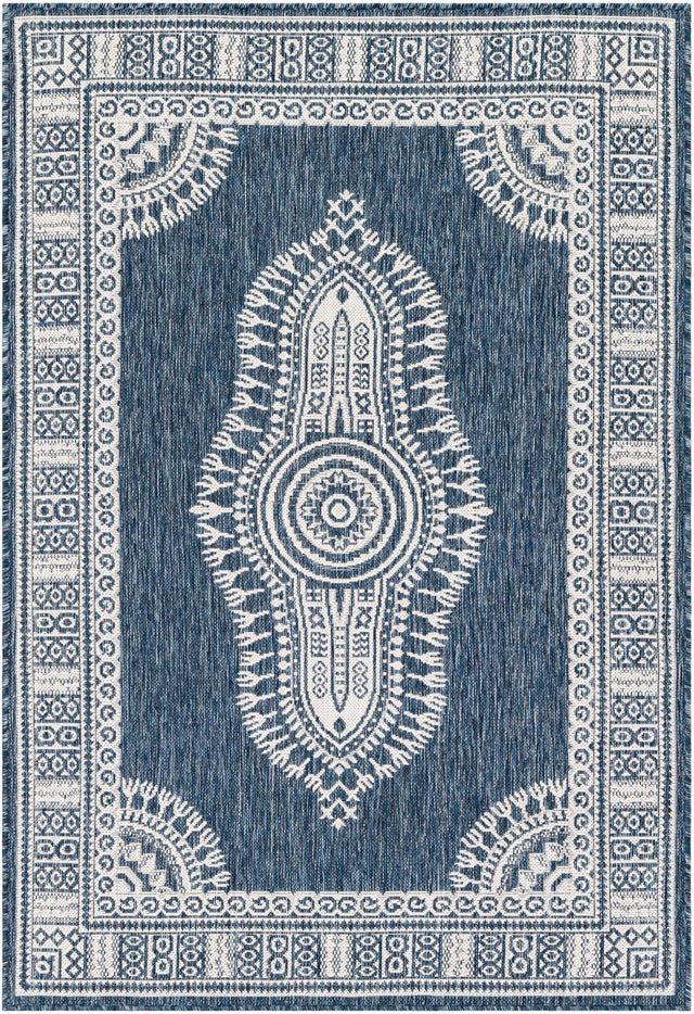 Blue 4' 1 x 6' 1 Outdoor Traditional Rectangle Area Rug Weather Resistant for Patio, Deck, Terrace, Balcony, Porch Classical Design Outside Carpet for Sale at Rug Engine