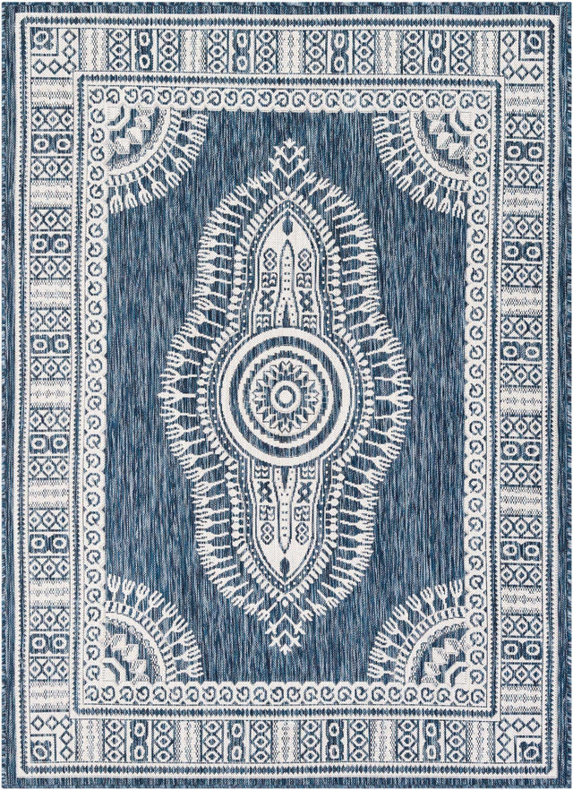 Blue 5' 3 x 7' 1 Outdoor Traditional Rectangle Area Rug Weather Resistant for Patio, Deck, Terrace, Balcony, Porch Classical Design Outside Carpet for Sale at Rug Engine