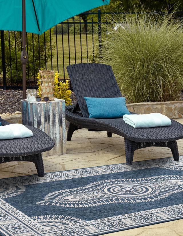 Blue 9' x 12' Outdoor Traditional Rectangle Area Rug Weather Resistant for Patio, Deck, Terrace, Balcony, Porch Classical Design Outside Carpet for Sale at Rug Engine