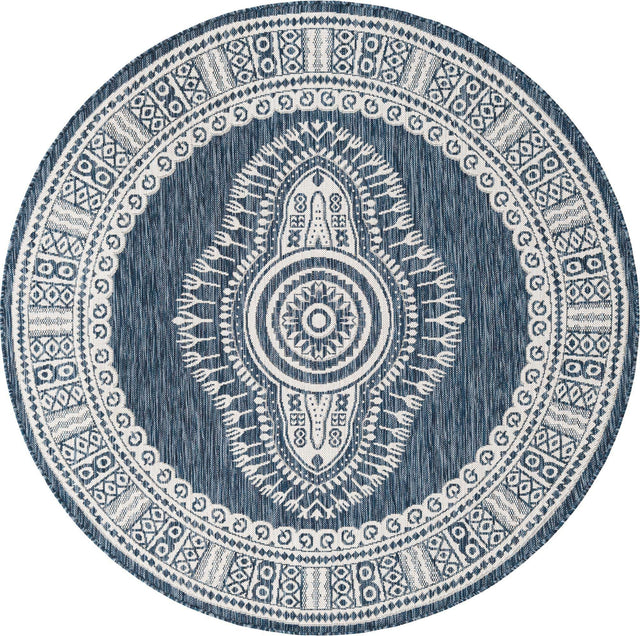 Blue 6' 1 x 6' 1 Outdoor Traditional Round Area Rug Weather Resistant for Patio, Deck, Terrace, Balcony, Porch Classical Design Outside Carpet for Sale at Rug Engine