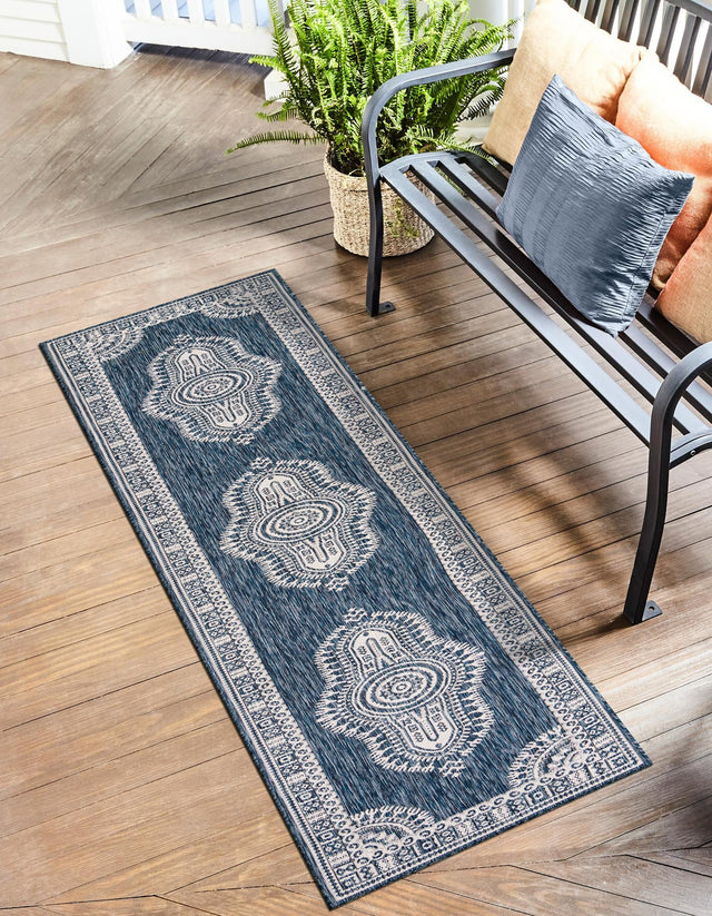 Blue 2' x 8' Outdoor Traditional Runner Area Rug Weather Resistant for Patio, Deck, Terrace, Balcony, Porch Classical Design Outside Carpet for Sale at Rug Engine