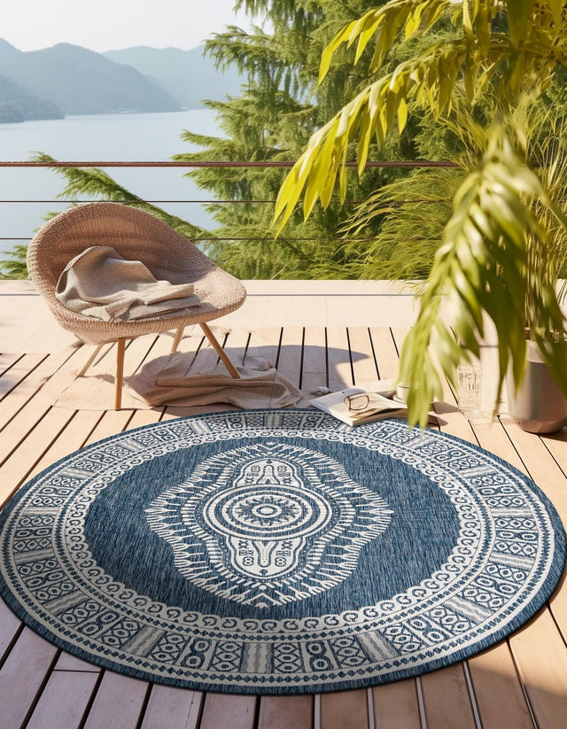 Blue 12' x 12' Outdoor Traditional Round Area Rug Weather Resistant for Patio, Deck, Terrace, Balcony, Porch Classical Design Outside Carpet for Sale at Rug Engine