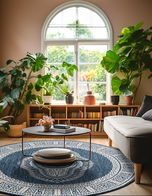 Blue 12' x 12' Outdoor Traditional Round Area Rug Weather Resistant for Patio, Deck, Terrace, Balcony, Porch Classical Design Outside Carpet for Sale at Rug Engine