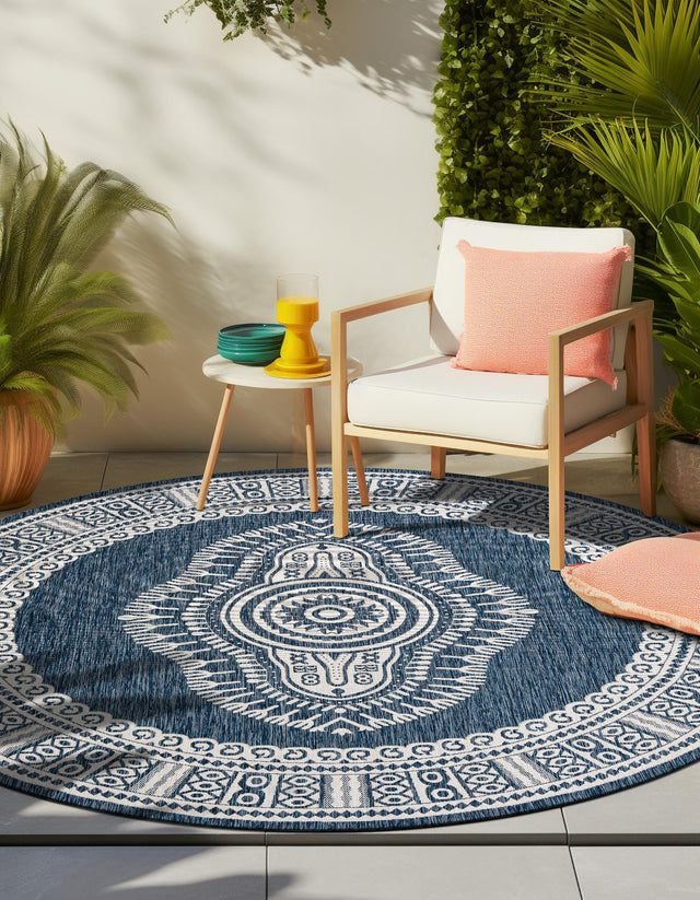 Blue 12' x 12' Outdoor Traditional Round Area Rug Weather Resistant for Patio, Deck, Terrace, Balcony, Porch Classical Design Outside Carpet for Sale at Rug Engine