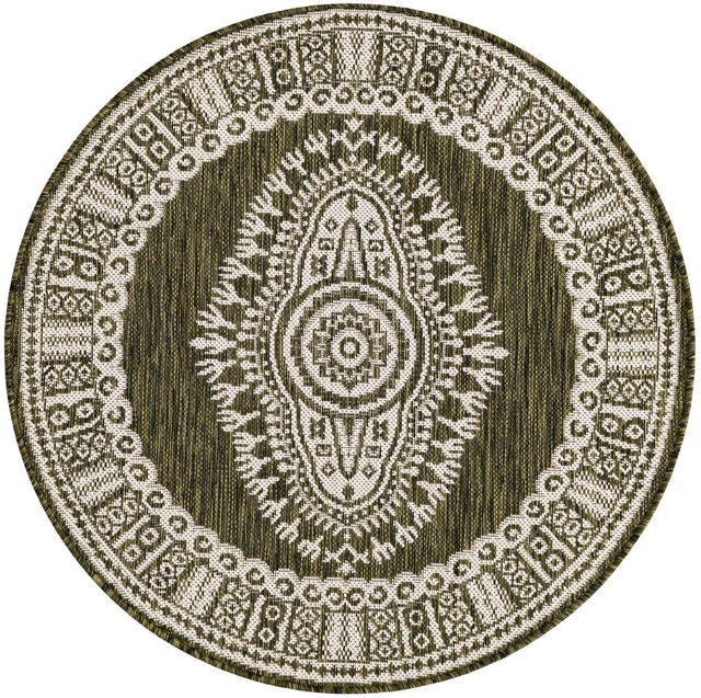 Green 3' 1 x 3' 1 Outdoor Traditional Round Area Rug Weather Resistant for Patio, Deck, Terrace, Balcony, Porch Classical Design Outside Carpet for Sale at Rug Engine