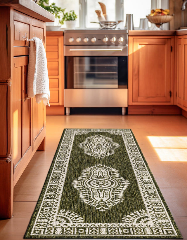 Green 2' x 6' 1 Outdoor Traditional Runner Area Rug Weather Resistant for Patio, Deck, Terrace, Balcony, Porch Classical Design Outside Carpet for Sale at Rug Engine