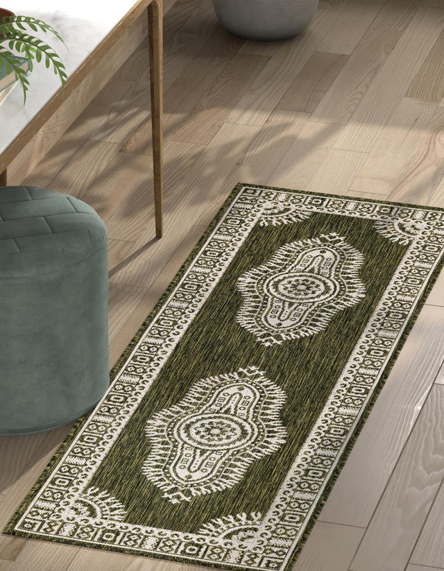 Green 2' x 6' 1 Outdoor Traditional Runner Area Rug Weather Resistant for Patio, Deck, Terrace, Balcony, Porch Classical Design Outside Carpet for Sale at Rug Engine