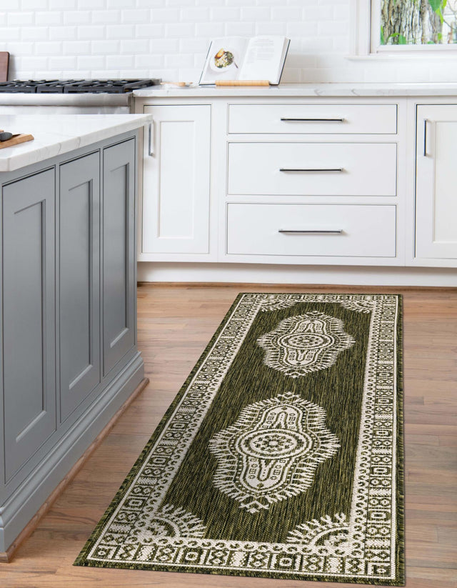 Green 2' x 6' 1 Outdoor Traditional Runner Area Rug Weather Resistant for Patio, Deck, Terrace, Balcony, Porch Classical Design Outside Carpet for Sale at Rug Engine