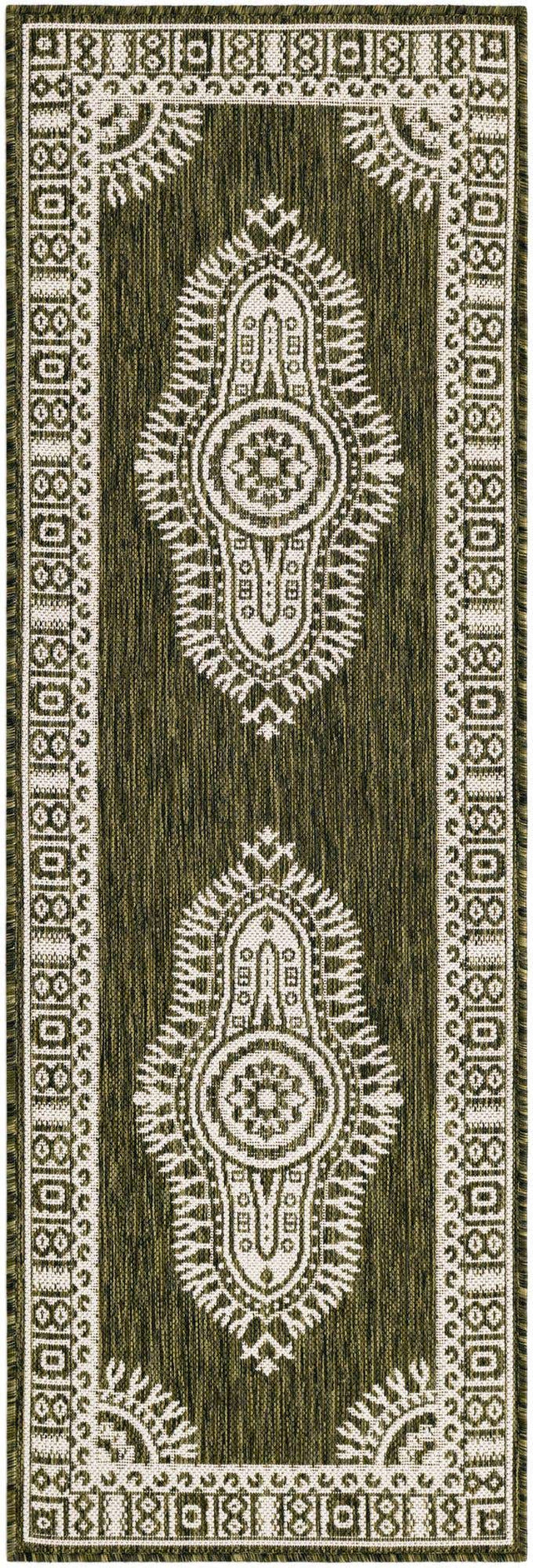 Green 2' x 6' 1 Outdoor Traditional Runner Area Rug Weather Resistant for Patio, Deck, Terrace, Balcony, Porch Classical Design Outside Carpet for Sale at Rug Engine