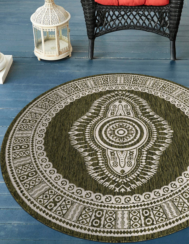 Green 6' 1 x 6' 1 Outdoor Traditional Round Area Rug Weather Resistant for Patio, Deck, Terrace, Balcony, Porch Classical Design Outside Carpet for Sale at Rug Engine