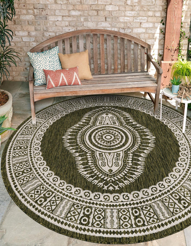 Green 6' 1 x 6' 1 Outdoor Traditional Round Area Rug Weather Resistant for Patio, Deck, Terrace, Balcony, Porch Classical Design Outside Carpet for Sale at Rug Engine
