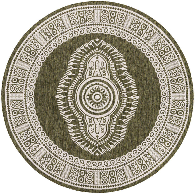 Green 7' 10 x 7' 10 Outdoor Traditional Round Area Rug Weather Resistant for Patio, Deck, Terrace, Balcony, Porch Classical Design Outside Carpet for Sale at Rug Engine