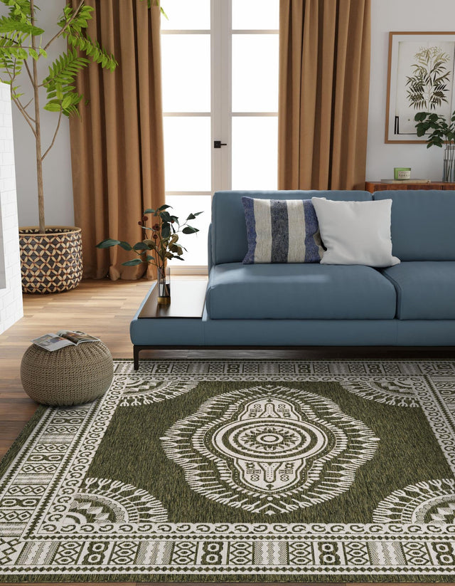 Green 10' x 10' Outdoor Traditional Square Area Rug Weather Resistant for Patio, Deck, Terrace, Balcony, Porch Classical Design Outside Carpet for Sale at Rug Engine