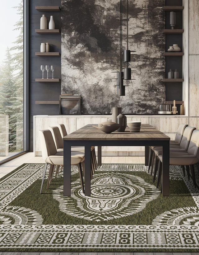 Green 10' x 10' Outdoor Traditional Square Area Rug Weather Resistant for Patio, Deck, Terrace, Balcony, Porch Classical Design Outside Carpet for Sale at Rug Engine