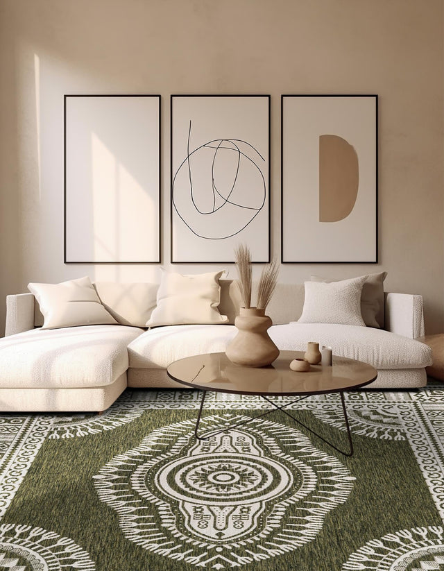Green 10' x 10' Outdoor Traditional Square Area Rug Weather Resistant for Patio, Deck, Terrace, Balcony, Porch Classical Design Outside Carpet for Sale at Rug Engine