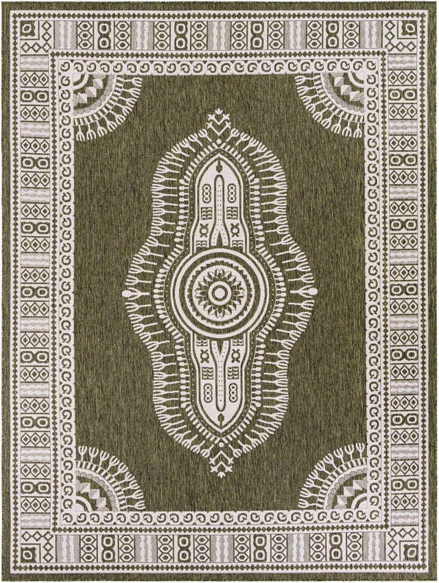 Green 9' x 12' Outdoor Traditional Rectangle Area Rug Weather Resistant for Patio, Deck, Terrace, Balcony, Porch Classical Design Outside Carpet for Sale at Rug Engine