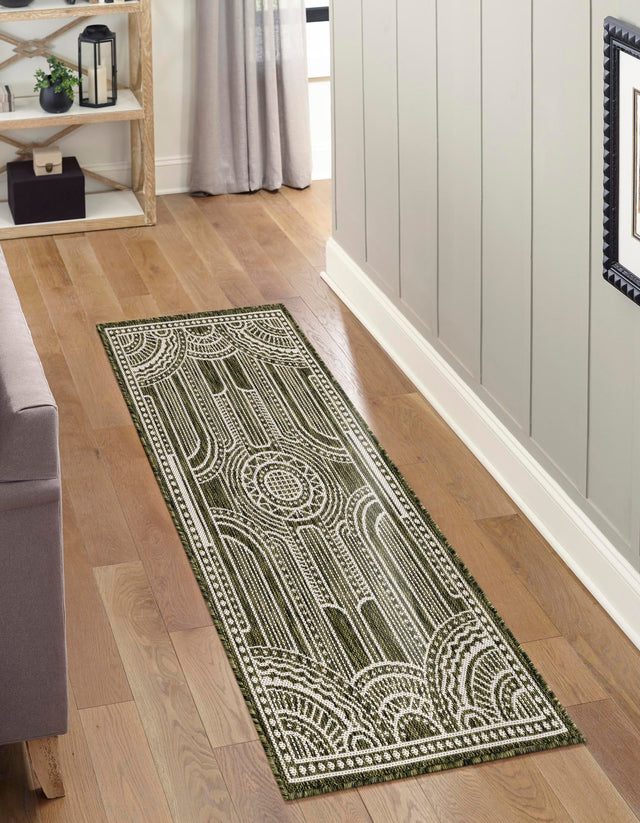 Green 2' x 6' 1 Outdoor Traditional Runner Area Rug Weather Resistant for Patio, Deck, Terrace, Balcony, Porch Classical Design Outside Carpet for Sale at Rug Engine