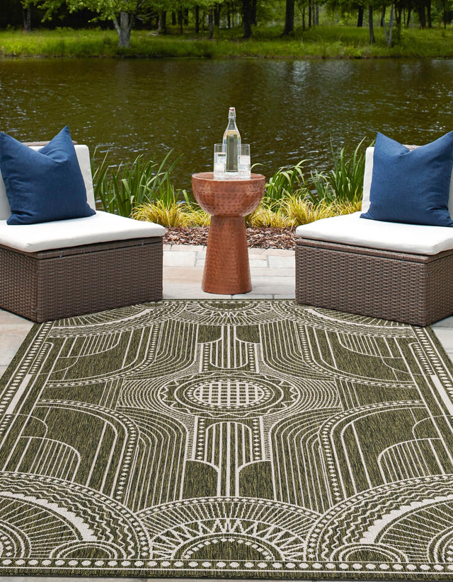 Green 9' x 12' Outdoor Traditional Rectangle Area Rug Weather Resistant for Patio, Deck, Terrace, Balcony, Porch Classical Design Outside Carpet for Sale at Rug Engine