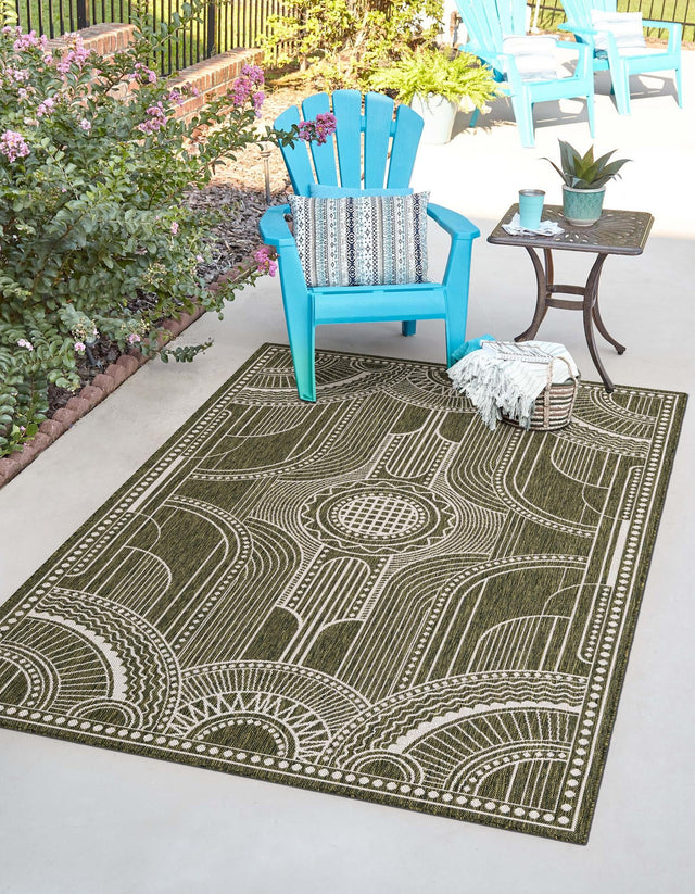 Green 9' x 12' Outdoor Traditional Rectangle Area Rug Weather Resistant for Patio, Deck, Terrace, Balcony, Porch Classical Design Outside Carpet for Sale at Rug Engine