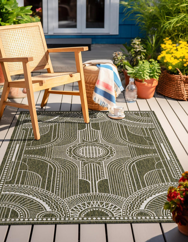 Green 7' 10 x 10' Outdoor Traditional Rectangle Area Rug Weather Resistant for Patio, Deck, Terrace, Balcony, Porch Classical Design Outside Carpet for Sale at Rug Engine