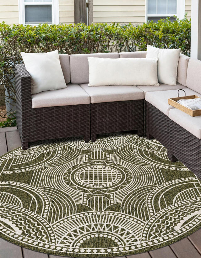 Green 10' x 10' Outdoor Traditional Round Area Rug Weather Resistant for Patio, Deck, Terrace, Balcony, Porch Classical Design Outside Carpet for Sale at Rug Engine