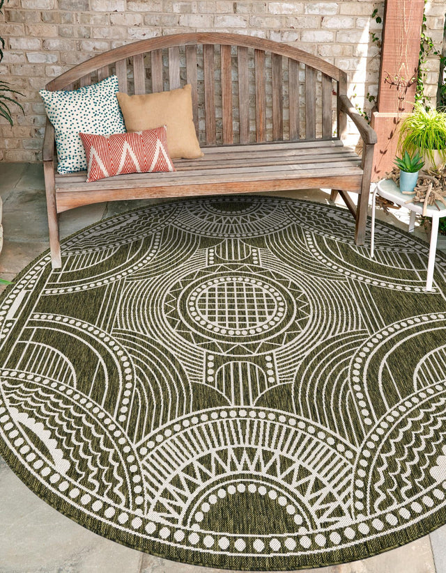 Green 3' 1 x 3' 1 Outdoor Traditional Round Area Rug Weather Resistant for Patio, Deck, Terrace, Balcony, Porch Classical Design Outside Carpet for Sale at Rug Engine