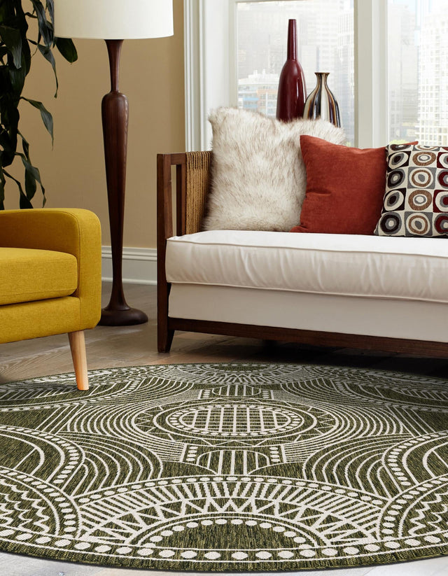 Green 12' x 12' Outdoor Traditional Round Area Rug Weather Resistant for Patio, Deck, Terrace, Balcony, Porch Classical Design Outside Carpet for Sale at Rug Engine