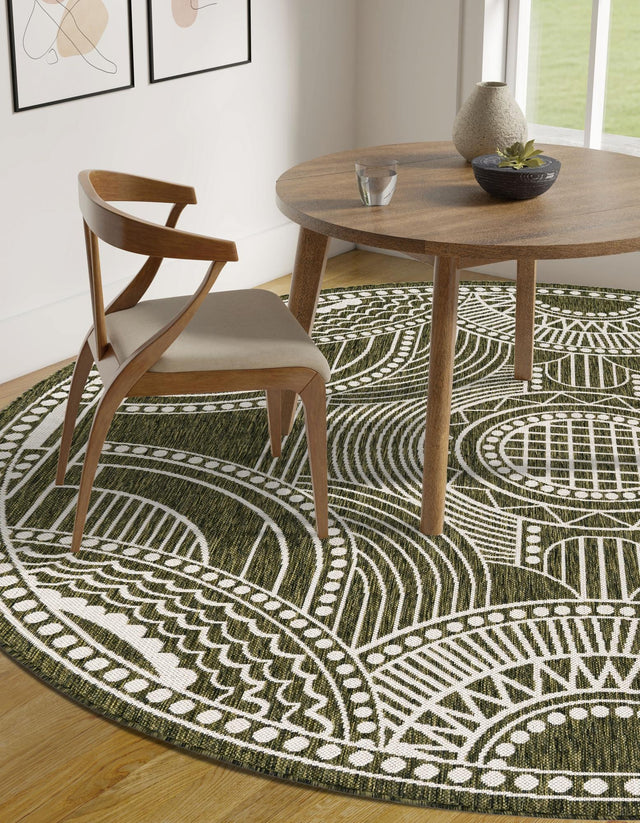 Green 10' x 10' Outdoor Traditional Round Area Rug Weather Resistant for Patio, Deck, Terrace, Balcony, Porch Classical Design Outside Carpet for Sale at Rug Engine