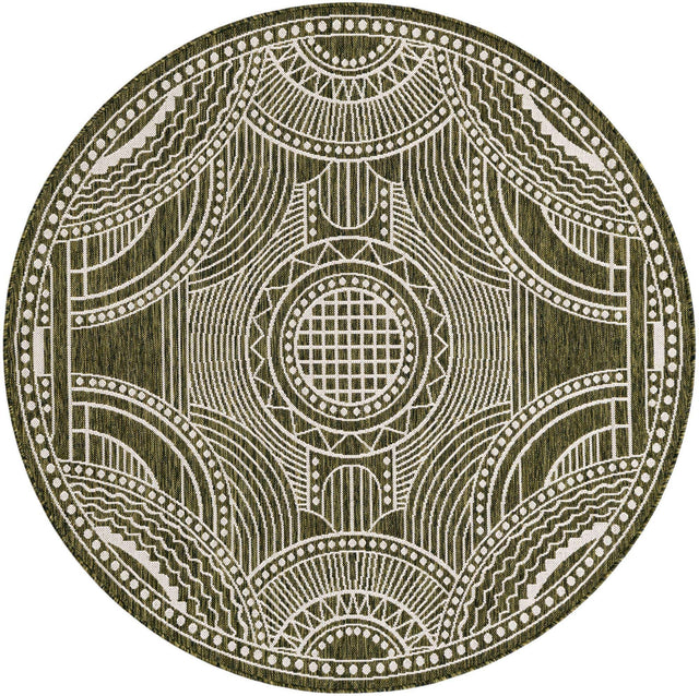 Green 6' 1 x 6' 1 Outdoor Traditional Round Area Rug Weather Resistant for Patio, Deck, Terrace, Balcony, Porch Classical Design Outside Carpet for Sale at Rug Engine