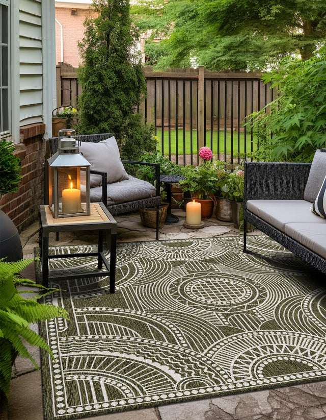 Green 7' 10 x 7' 10 Outdoor Traditional Square Area Rug Weather Resistant for Patio, Deck, Terrace, Balcony, Porch Classical Design Outside Carpet for Sale at Rug Engine