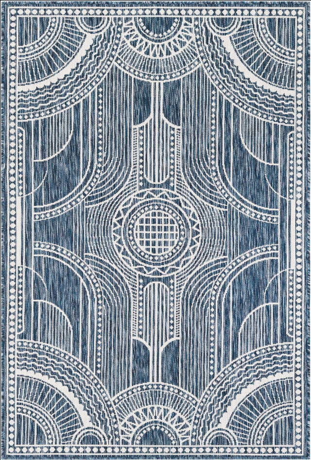 Blue 4' 1 x 6' 1 Outdoor Traditional Rectangle Area Rug Weather Resistant for Patio, Deck, Terrace, Balcony, Porch Classical Design Outside Carpet for Sale at Rug Engine