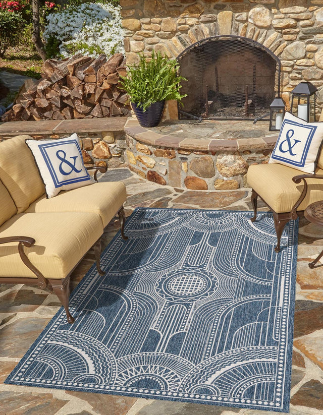 Blue 9' x 12' Outdoor Traditional Rectangle Area Rug Weather Resistant for Patio, Deck, Terrace, Balcony, Porch Classical Design Outside Carpet for Sale at Rug Engine