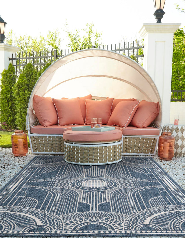 Blue 9' x 12' Outdoor Traditional Rectangle Area Rug Weather Resistant for Patio, Deck, Terrace, Balcony, Porch Classical Design Outside Carpet for Sale at Rug Engine