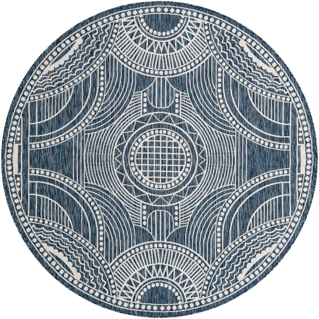 Blue 7' 10 x 7' 10 Outdoor Traditional Round Area Rug Weather Resistant for Patio, Deck, Terrace, Balcony, Porch Classical Design Outside Carpet for Sale at Rug Engine