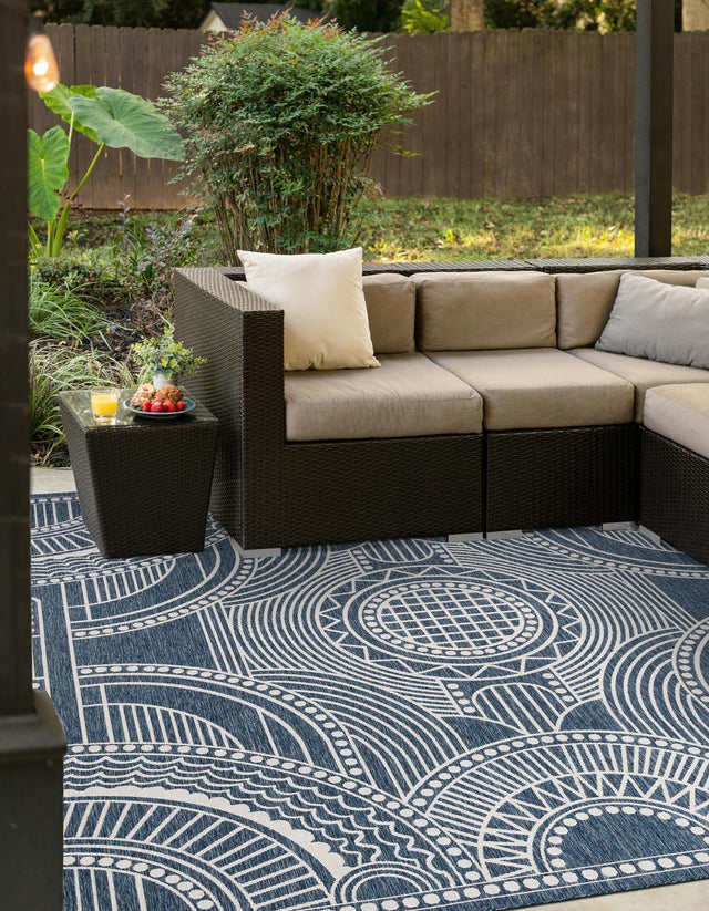 Blue 7' 10 x 7' 10 Outdoor Traditional Square Area Rug Weather Resistant for Patio, Deck, Terrace, Balcony, Porch Classical Design Outside Carpet for Sale at Rug Engine