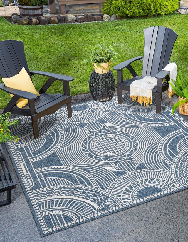 Blue 12' x 12' Outdoor Traditional Square Area Rug Weather Resistant for Patio, Deck, Terrace, Balcony, Porch Classical Design Outside Carpet for Sale at Rug Engine